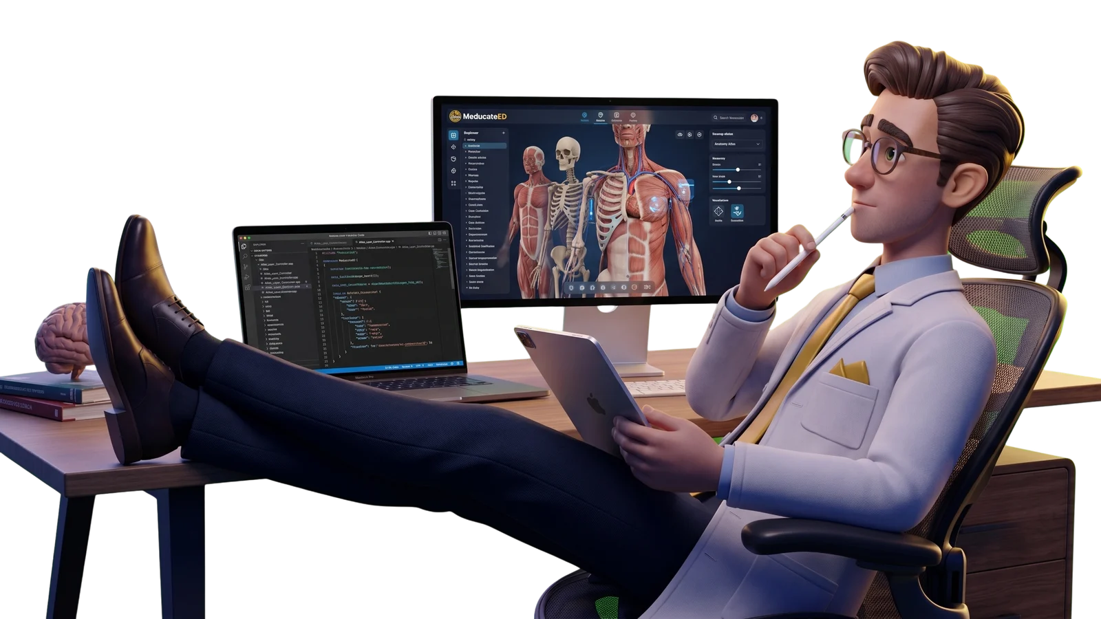 Dr Atef at his desk with the MeducateED Anatomy Atlas open on screen